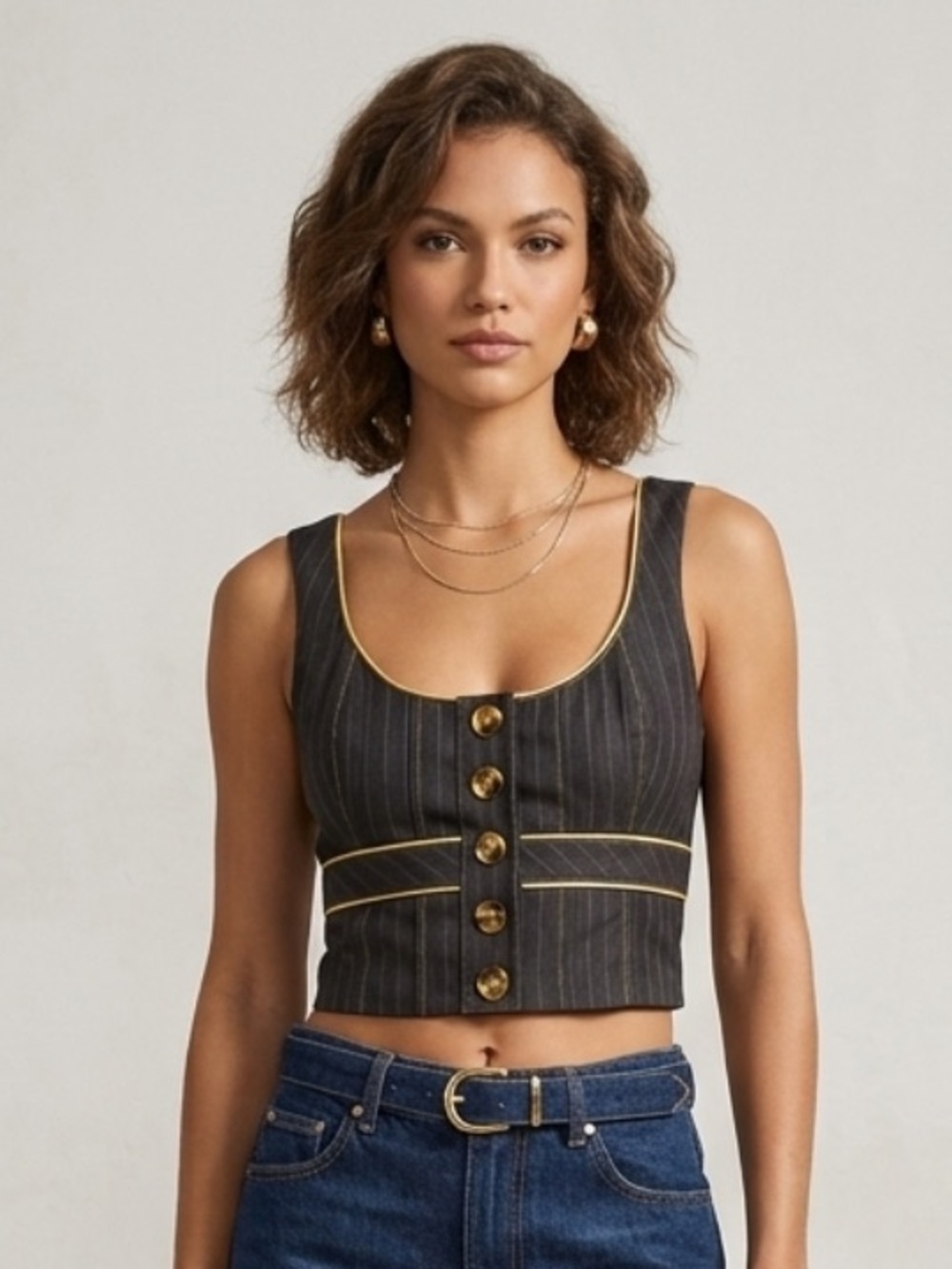 Vintage Guess Black Pinstripe Cropped Tank with Yellow Trim and Gold Buttons